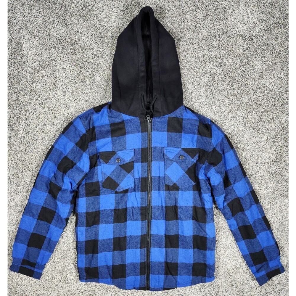 Boys Long Sleeve Flannel Full Zip Buffalo Check Hooded Sweater Size XS Blue